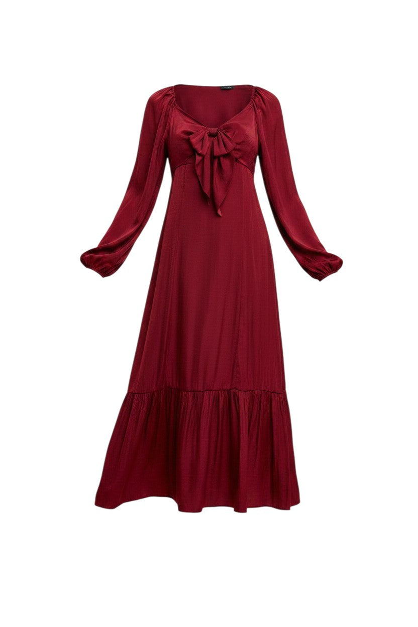 Mom & Me Boutique Brynlee maxi dress in deep red with a sweetheart neckline, bow tie detail, and flounced hem.