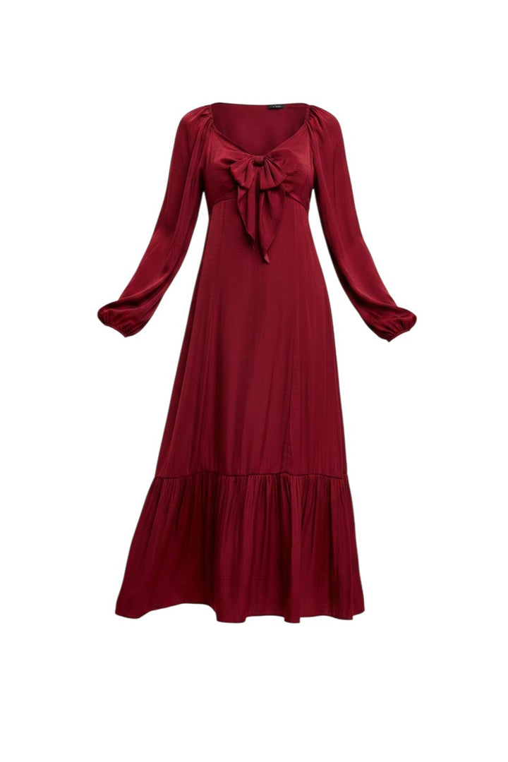 Mom & Me Boutique Brynlee maxi dress in deep red with a sweetheart neckline, bow tie detail, and flounced hem.