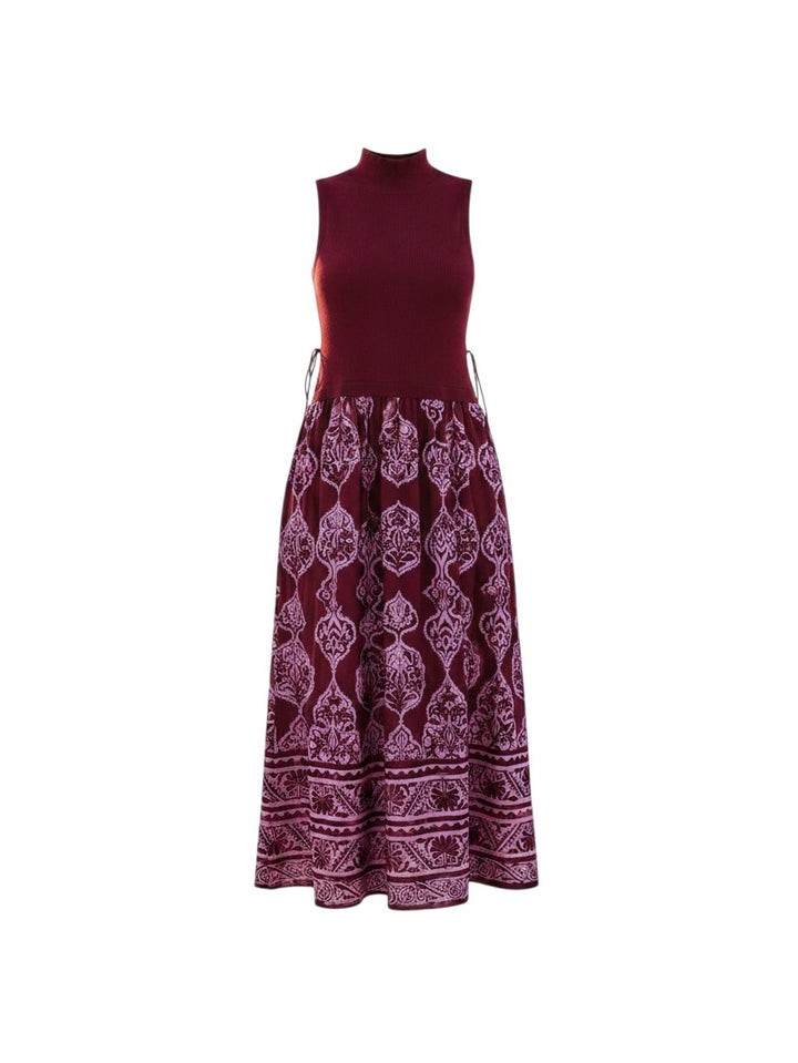 Mom & Me Boutique burgundy Izabella dress with a sleeveless ribbed bodice and patterned midi skirt