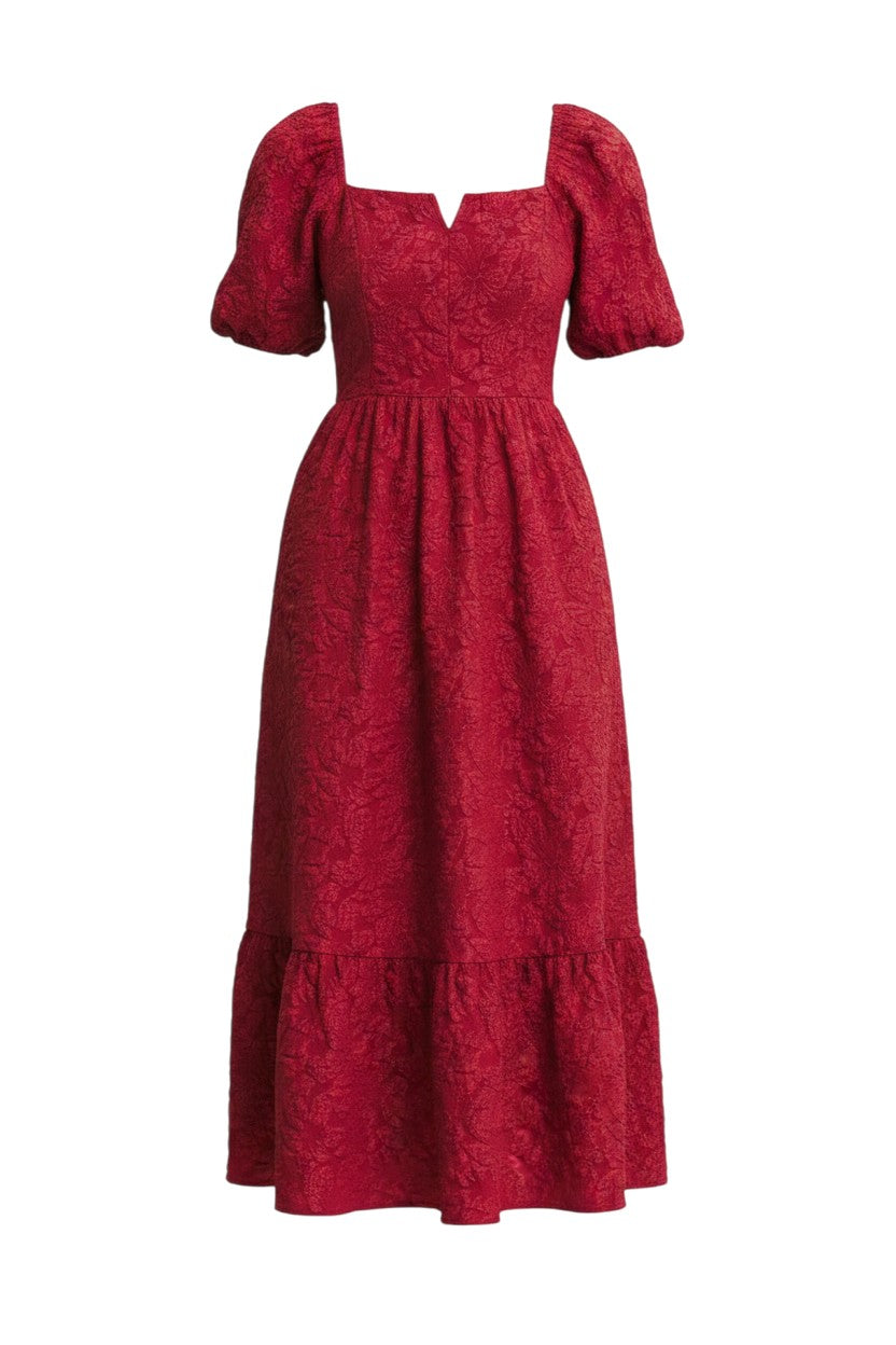 Mom & Me Boutique burgundy floral jacquard midi dress with puff sleeves, V-neck wire detail, and side pockets.