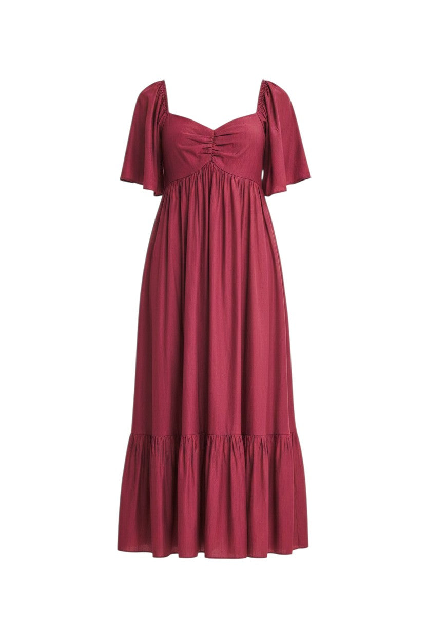 Mom & Me Boutique burgundy midi dress with sweetheart neckline, flutter sleeves, and smocked back in woven fabric.
