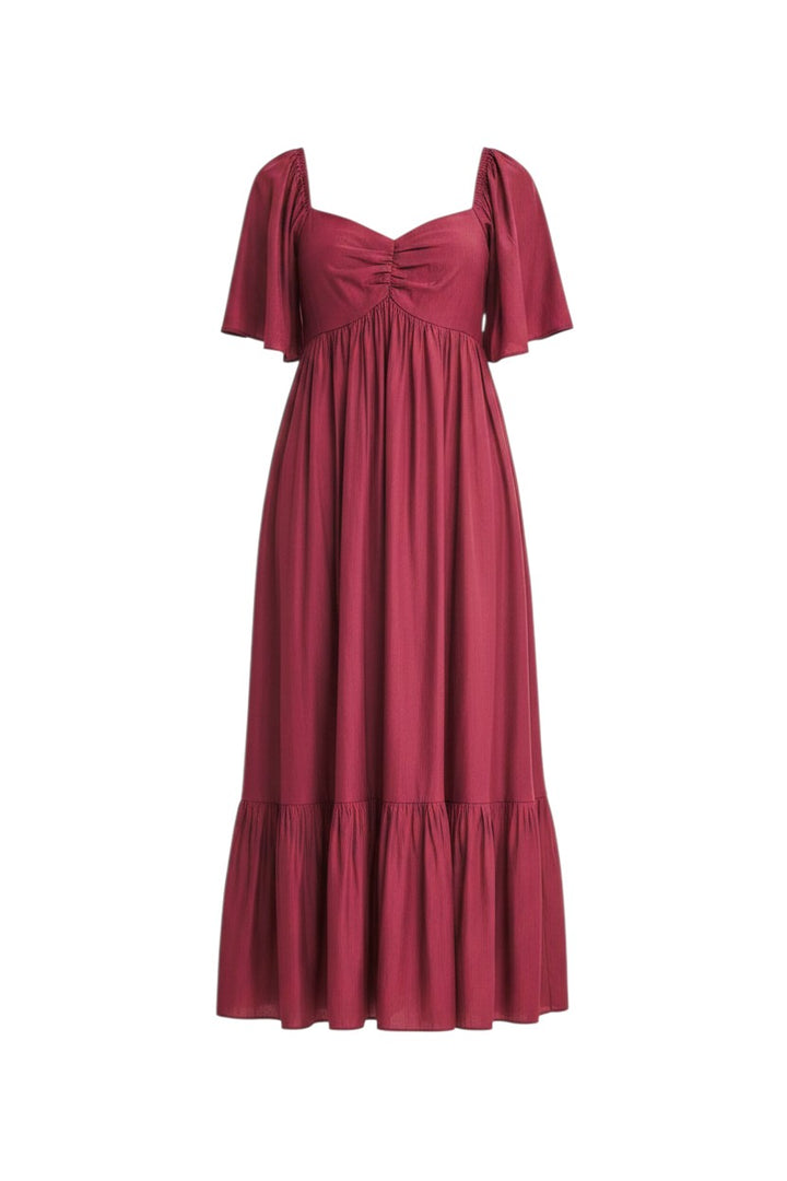 Mom & Me Boutique burgundy midi dress with sweetheart neckline, flutter sleeves, and smocked back in woven fabric.