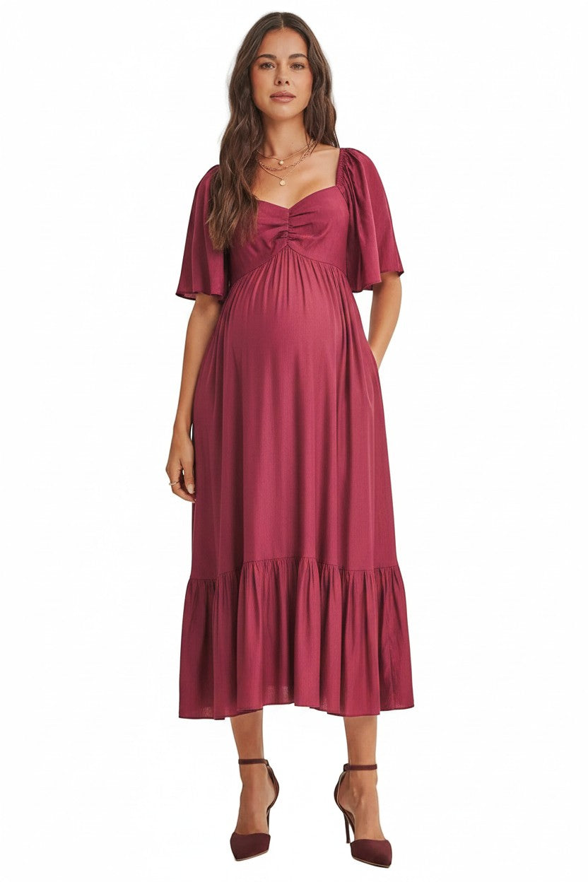Mom & Me Boutique burgundy sweetheart neck midi dress with flutter sleeves and side pockets in lightweight fabric