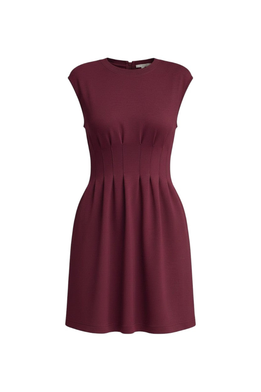Mom & Me Boutique burgundy knit mini dress with cap sleeves and vertical pintuck bodice detail.