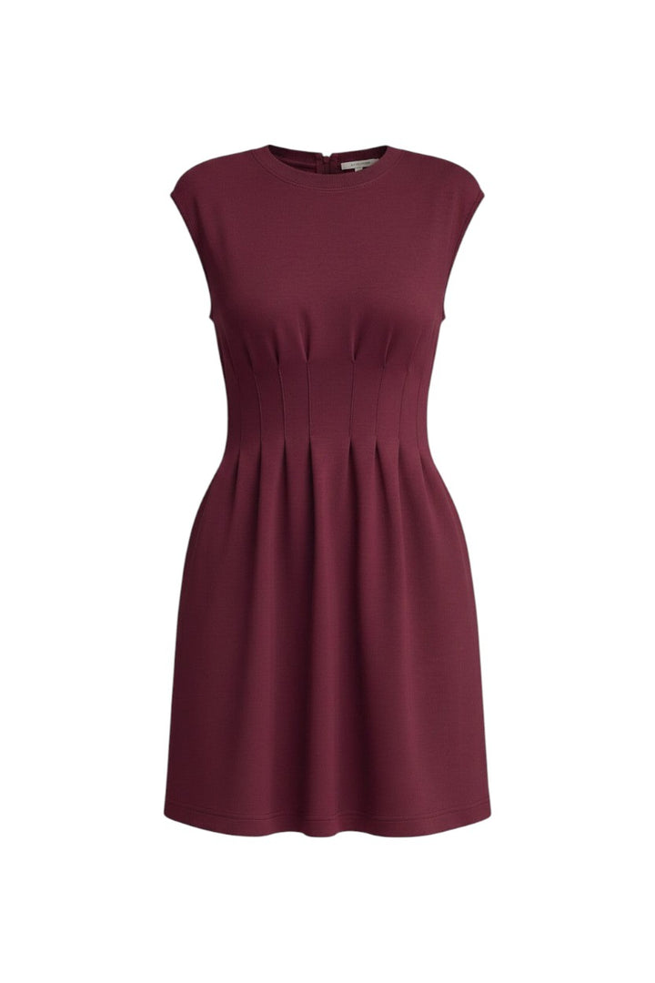 Mom & Me Boutique burgundy knit mini dress with cap sleeves and vertical pintuck bodice detail.