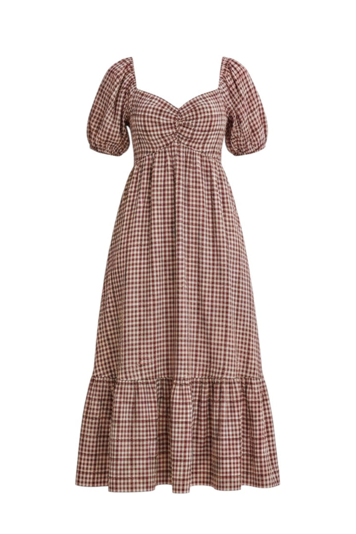 Mom & Me Boutique burgundy plaid midi dress with sweetheart neckline, puff sleeves, and tiered ruffle hem.