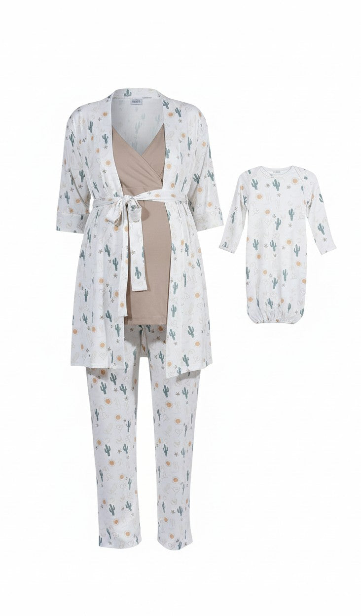 Mom & Me Boutique 5-piece maternity and baby matching set featuring a cactus print robe, pants, nursing top, and gown.