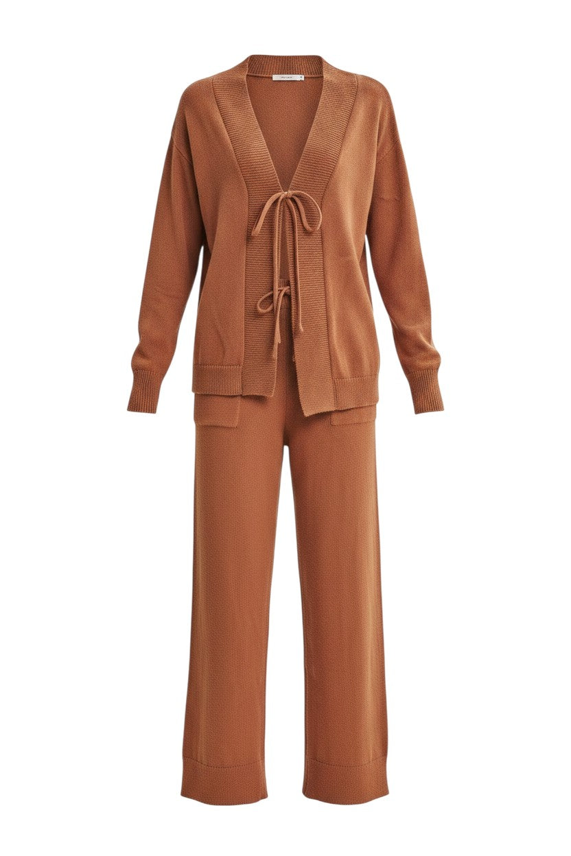 Mom & Me Boutique caramel cotton knit lounge set with a front-tie cardigan and relaxed fit pants.