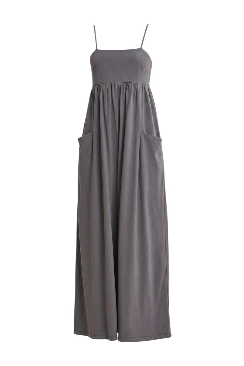 Mom & Me Boutique charcoal cotton knit wide-leg jumpsuit with square neckline, adjustable straps, and side pockets.