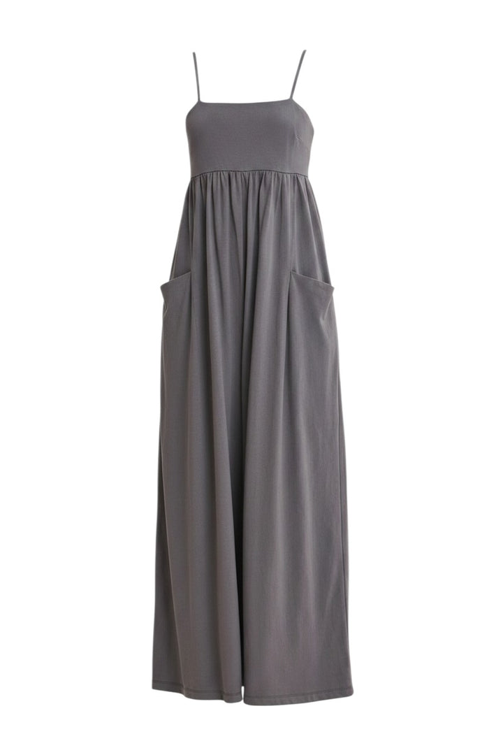 Mom & Me Boutique charcoal cotton knit wide-leg jumpsuit with square neckline, adjustable straps, and side pockets.