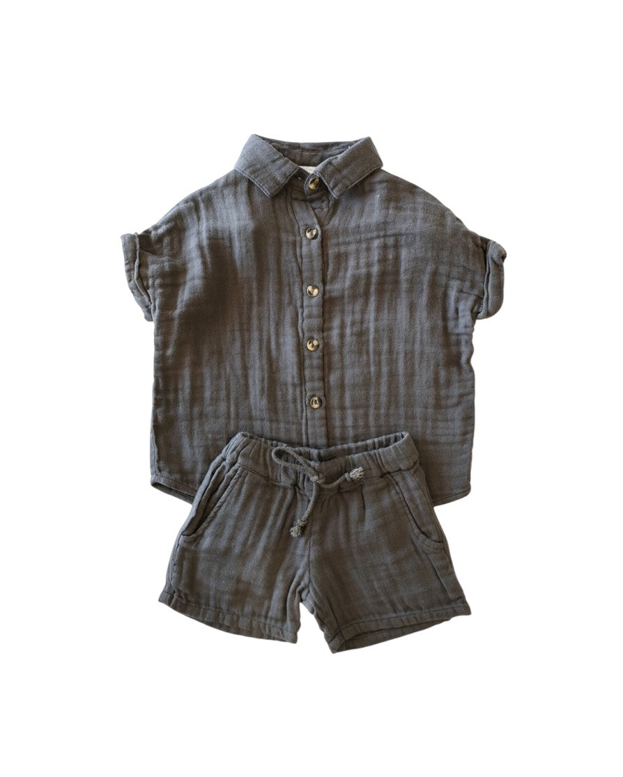 Mom & Me Boutique charcoal grey 100% cotton muslin button-up shirt and drawstring shorts set for children.