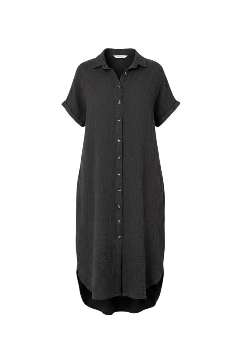 Mom & Me Boutique charcoal cotton muslin shirt dress with button-down front, cap sleeves, and a relaxed fit.