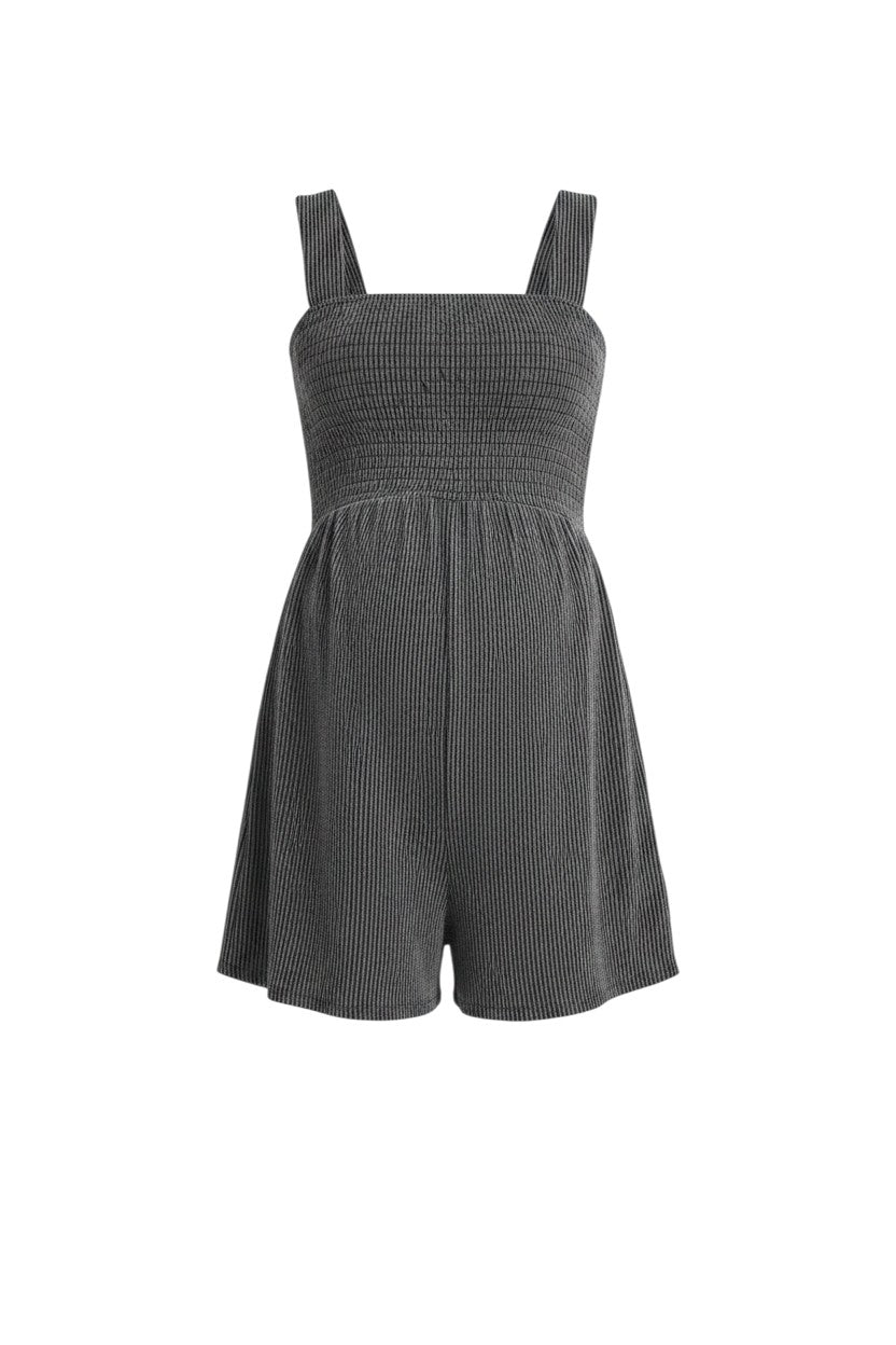 Mom & Me Boutique charcoal ribbed-knit maternity romper with a smocked bodice and square neckline