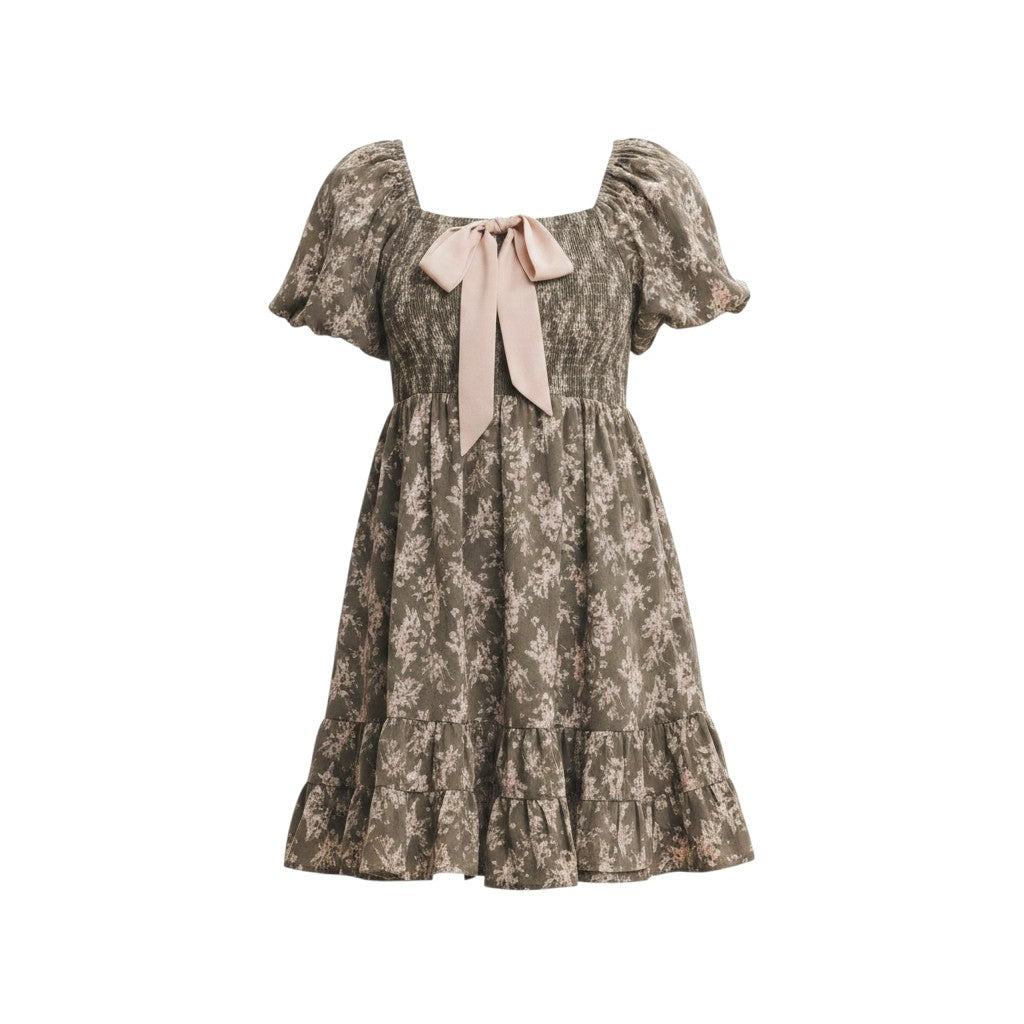 Mom & Me Boutique Charley seagrass floral mini dress with square neck, bubble sleeves, and contrast bow tie detail.