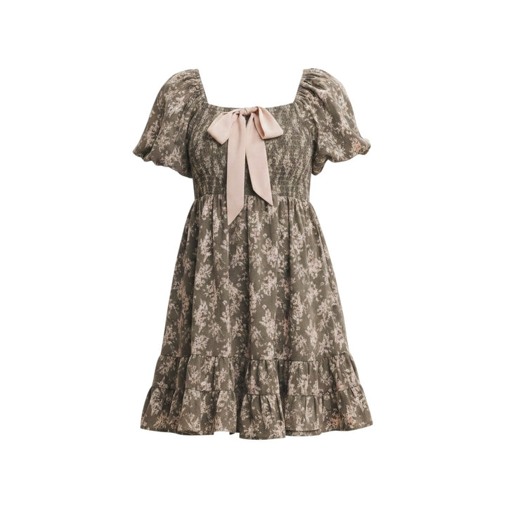 Mom & Me Boutique Charley seagrass floral mini dress with square neck, bubble sleeves, and contrast bow tie detail.