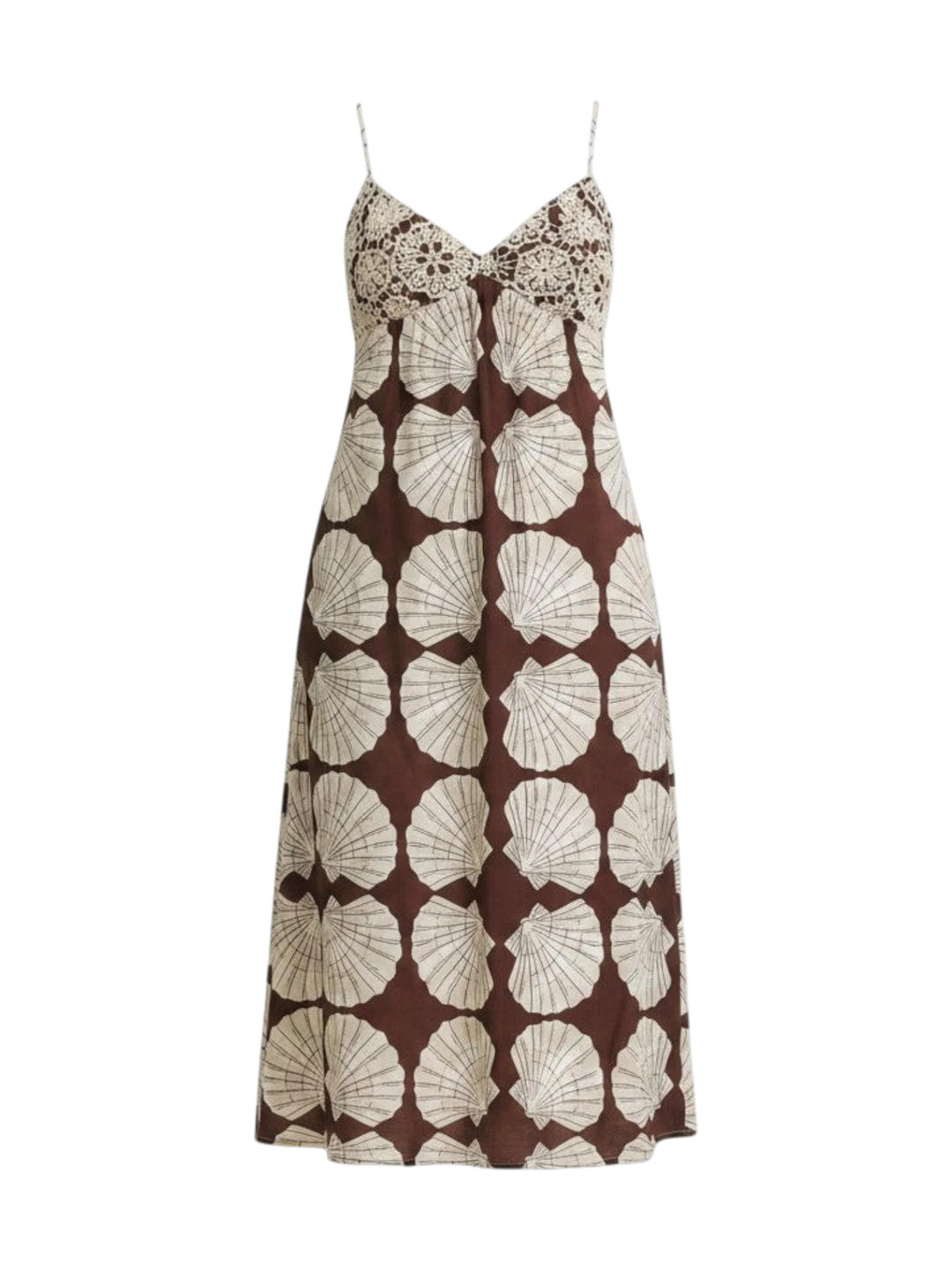 Mom & Me Boutique Charlize midi dress in brown with white seashell print and crochet bust detail
