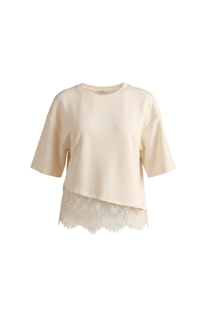 Mom & Me Boutique Charlotte ecru knit top with short sleeves and a delicate scalloped lace hem detail.