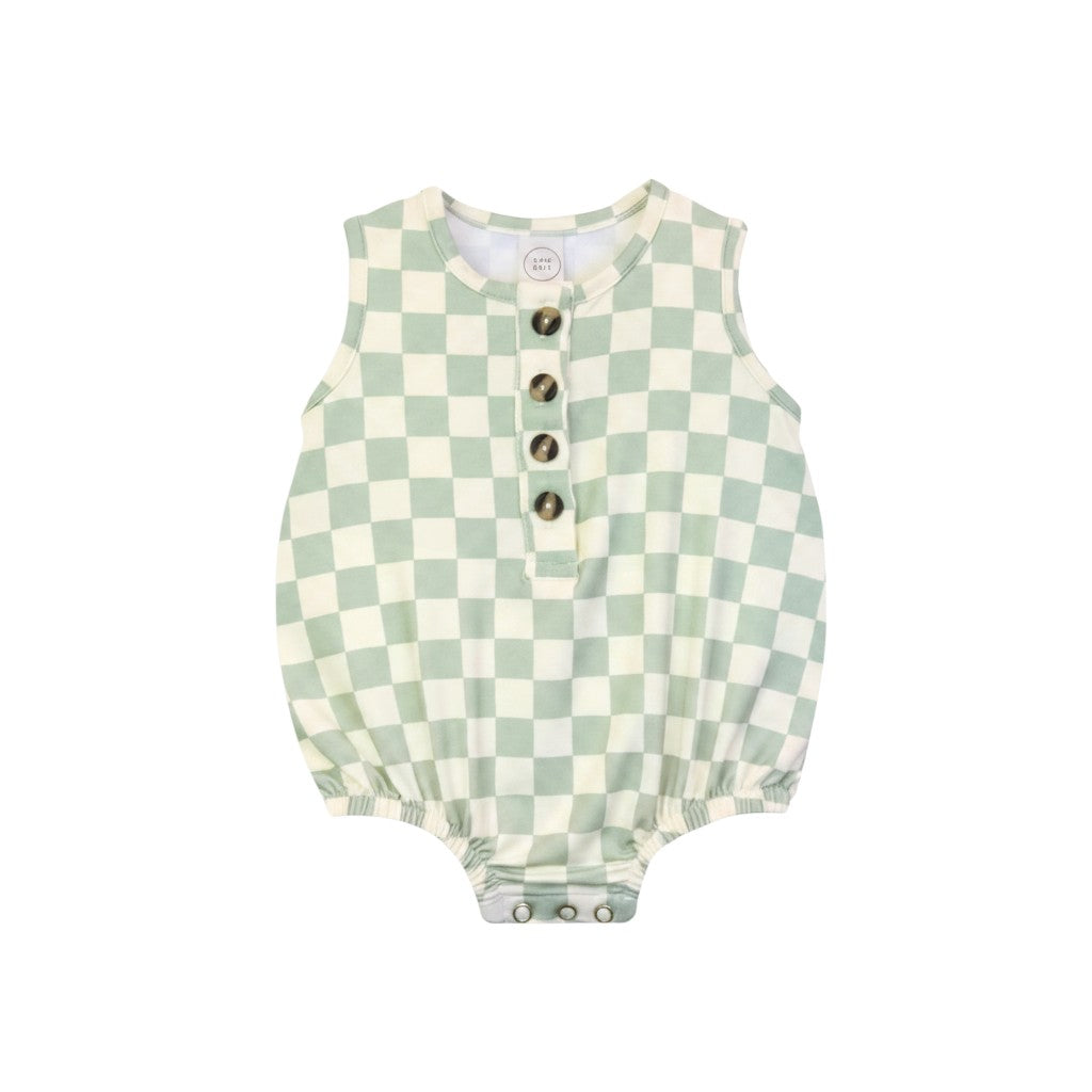 Mom & Me Boutique Kirby bubble romper in a light green and white checkered pattern with front button details.