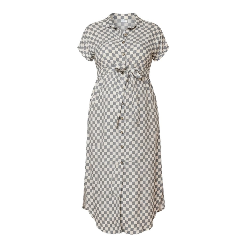 Mom & Me Boutique Everyday Dress in grey and white checkered cotton muslin with cap sleeves and a waist tie belt.