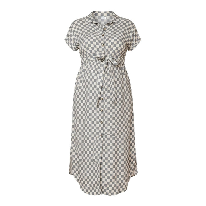 Mom & Me Boutique Everyday Dress in grey and white checkered cotton muslin with cap sleeves and a waist tie belt.