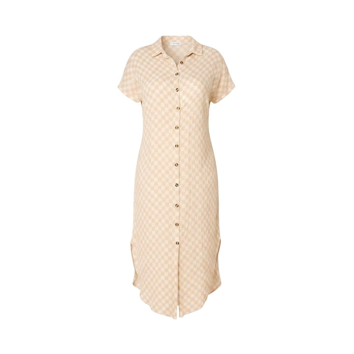 Mom & Me Boutique beige checkered cotton muslin midi dress with button-down front for nursing and cap sleeves.
