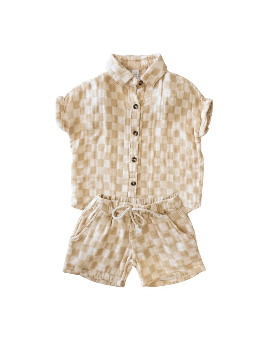 Mom & Me Boutique Austin shirt and short set in beige checkered 100% cotton muslin with button-up front.