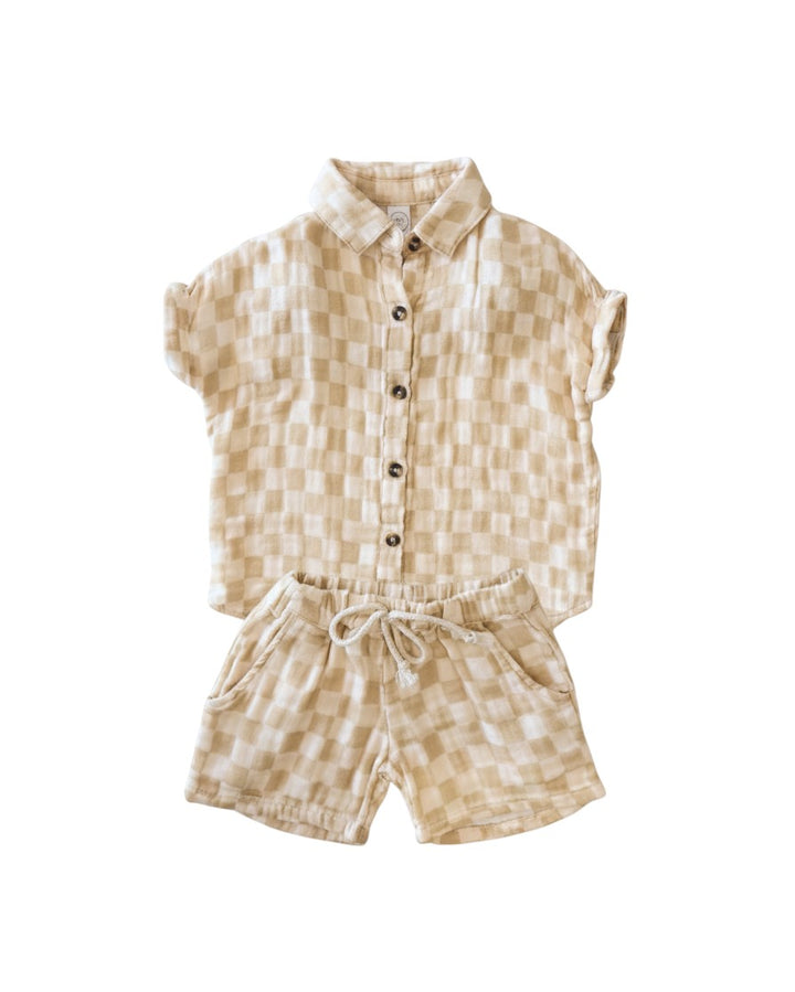 Mom & Me Boutique Austin shirt and short set in beige checkered 100% cotton muslin with button-up front.