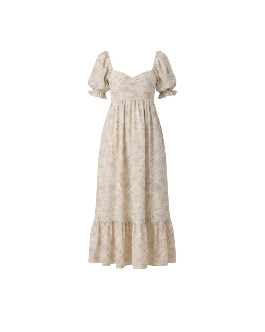 Mom & Me Boutique Chloe dress in ivory with a mist english rose floral print, puff sleeves, and a tiered skirt.