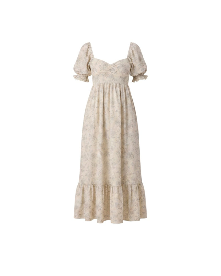 Mom & Me Boutique Chloe dress in ivory with a mist english rose floral print, puff sleeves, and a tiered skirt.