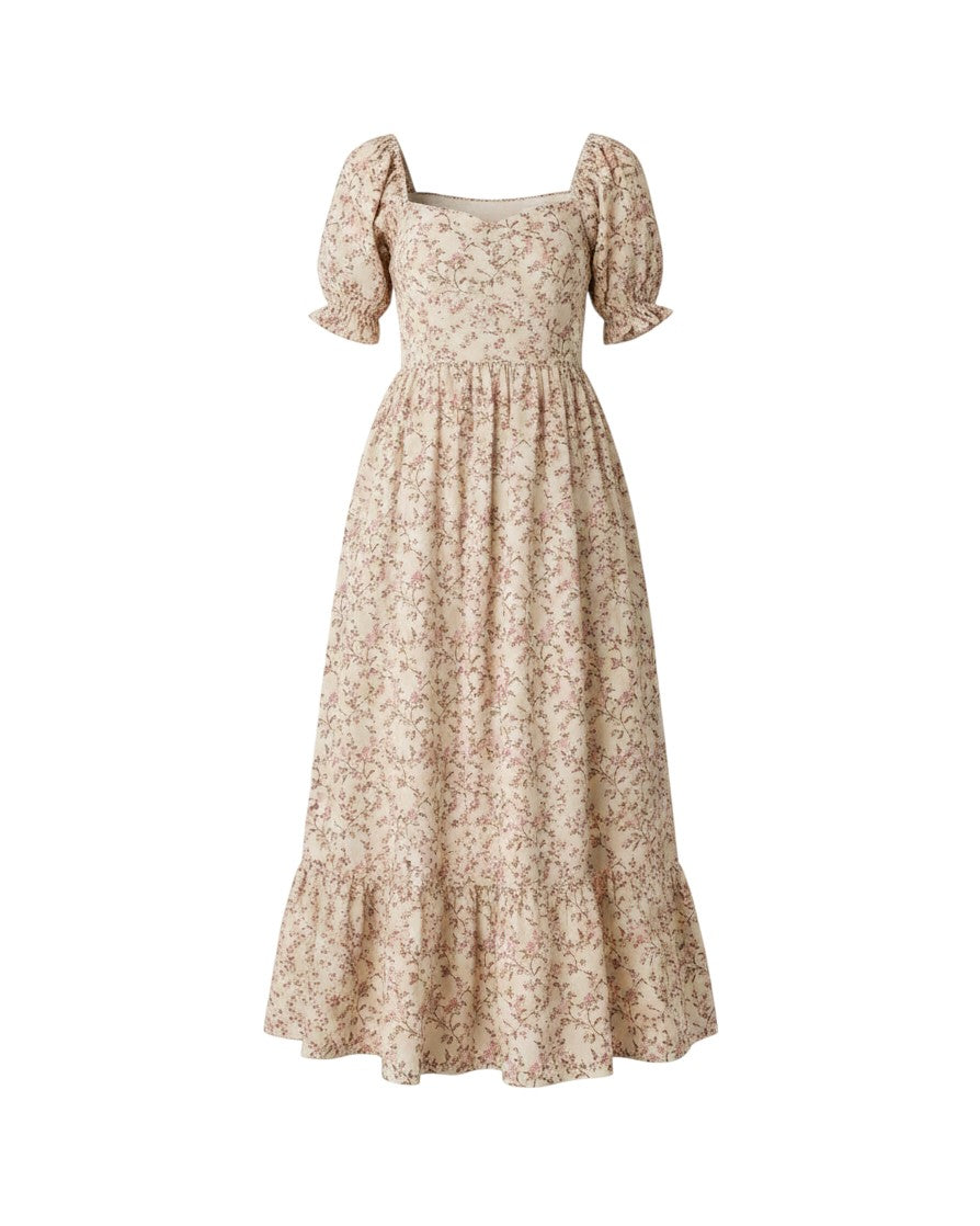Mom & Me Boutique Chloe dress in ivory with rose meadow floral print, puff sleeves, and tiered skirt.