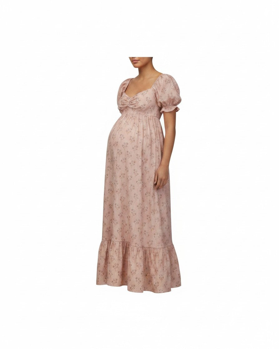 Mom & Me Boutique Chloe floral print cotton maternity dress with puff sleeves and tiered skirt in ivory and rose