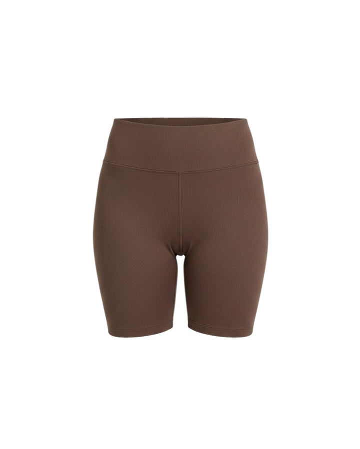 Mom & Me Boutique chocolate brown mid-rise maternity and postpartum bike shorts in soft, stretchy bamboo fabric.