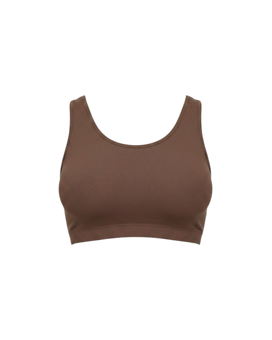 Mom & Me Boutique Sublime nursing sports bra in chocolate brown bamboo-blend fabric with a seamless longline design.