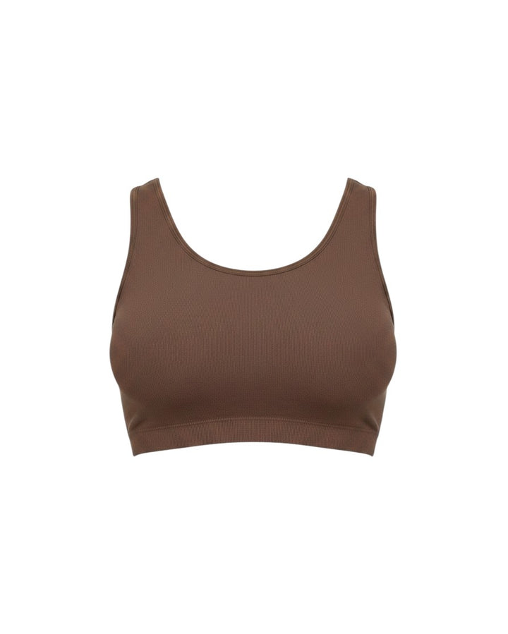 Mom & Me Boutique Sublime nursing sports bra in chocolate brown bamboo-blend fabric with a seamless longline design.