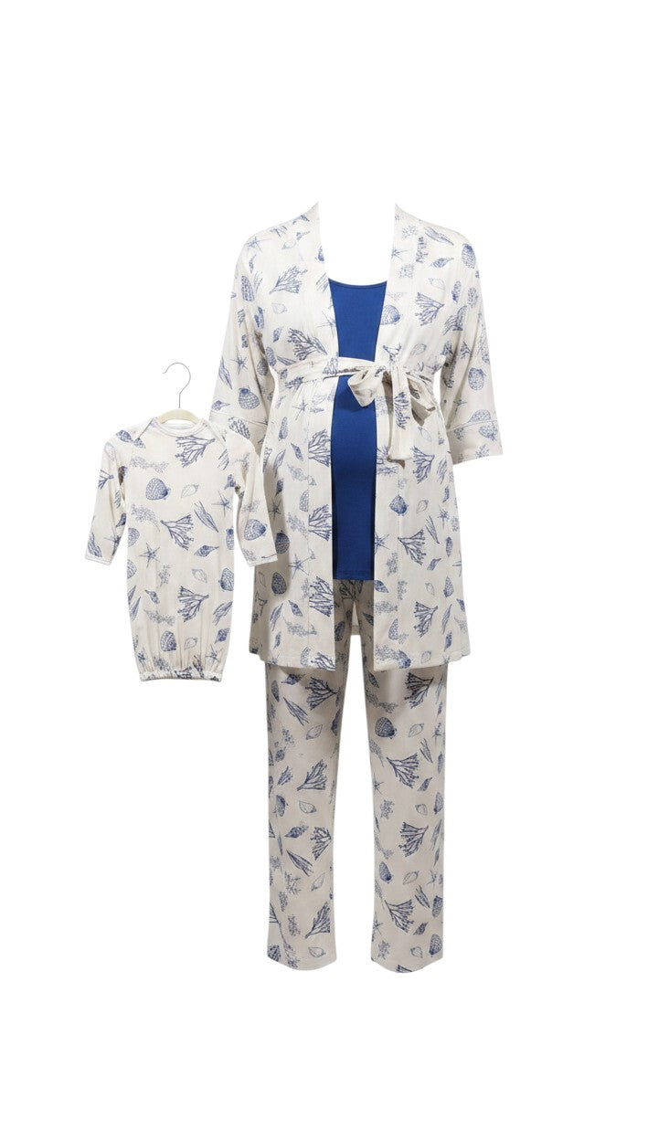 Mom & Me Boutique 5-piece coastal print maternity and baby loungewear set with robe, nursing top, pants, gown, and hat.