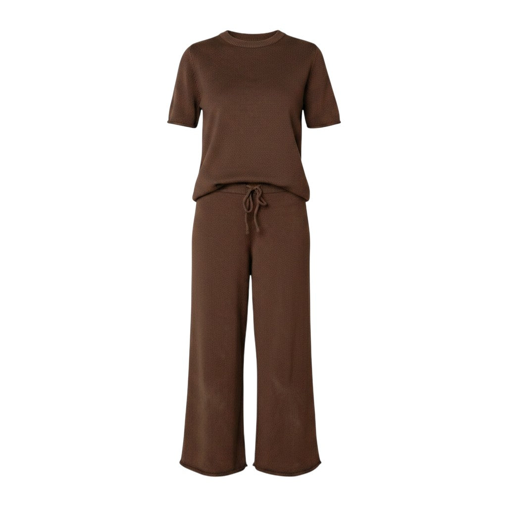 Mom & Me Boutique cocoa brown cotton knit set featuring a short-sleeve top and wide-leg trousers with a drawstring.
