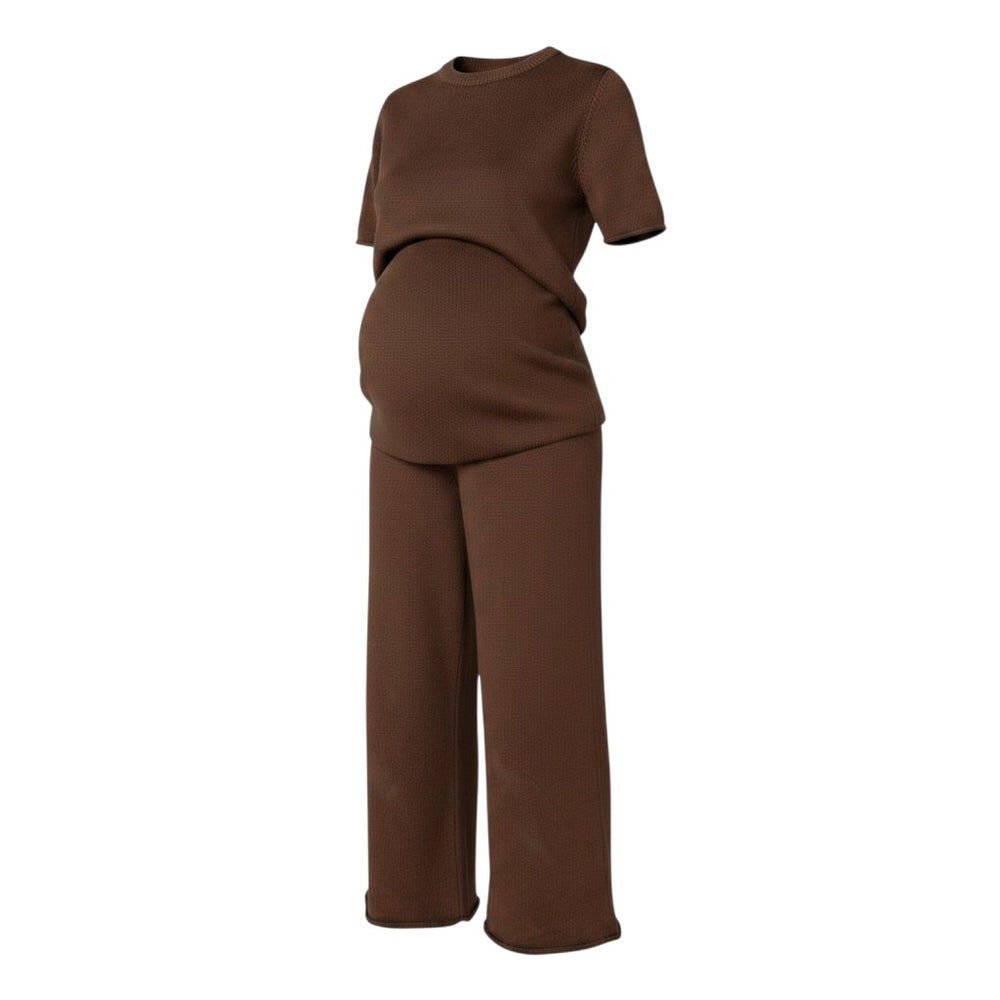 Mom & Me Boutique cocoa brown cotton knit maternity set with short sleeves and relaxed fit trousers