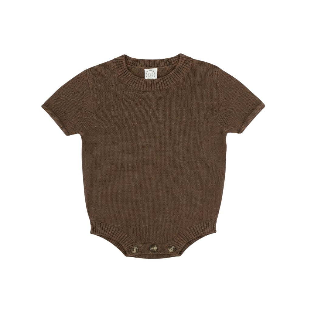 Mom & Me Boutique cocoa brown cotton knit onesie with short sleeves and bottom button closure for easy changes.