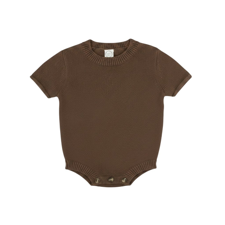 Mom & Me Boutique cocoa brown cotton knit onesie with short sleeves and bottom button closure for easy changes.