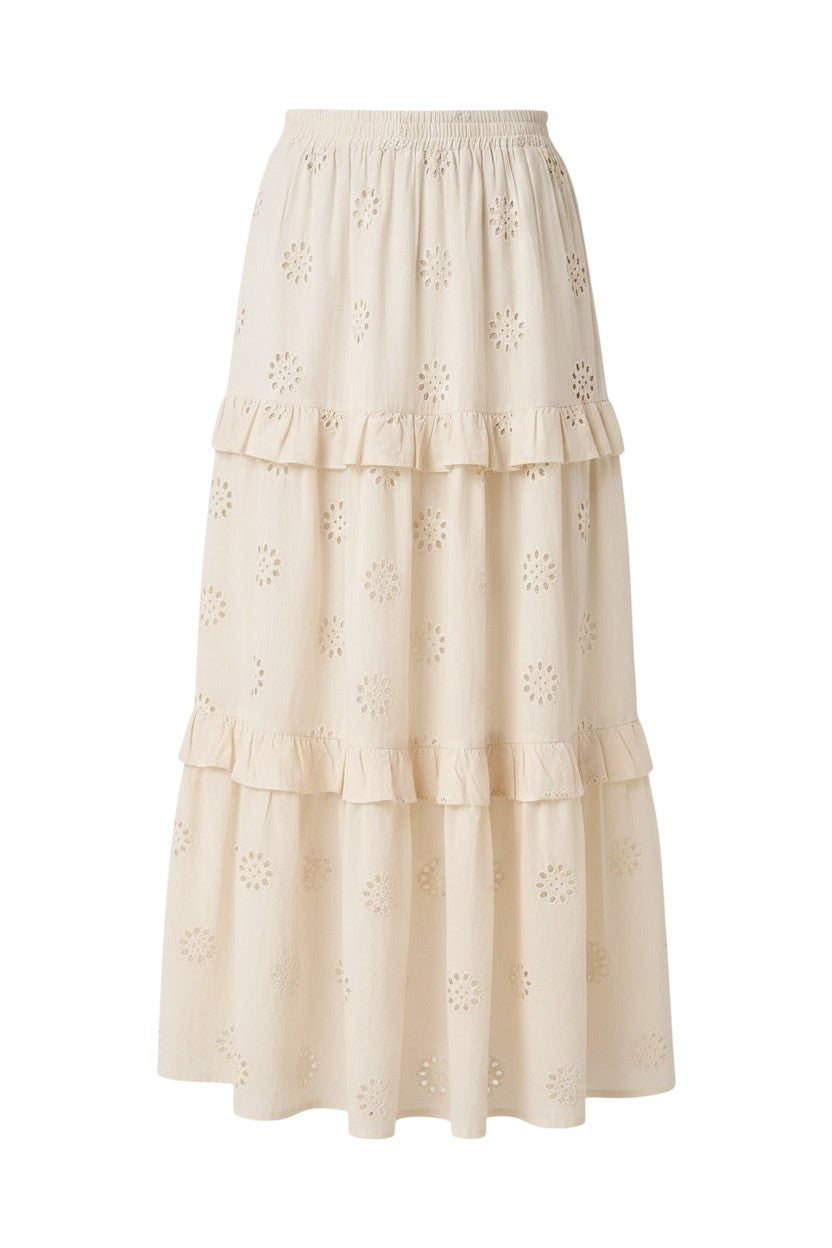 Mom & Me Boutique cream cotton maxi skirt featuring broderie anglaise floral patterns, ruffled tiers, and elastic waist