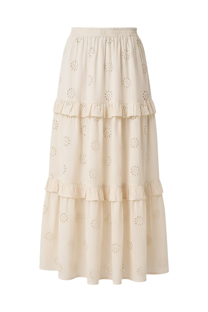 Mom & Me Boutique cream cotton maxi skirt featuring broderie anglaise floral patterns, ruffled tiers, and elastic waist