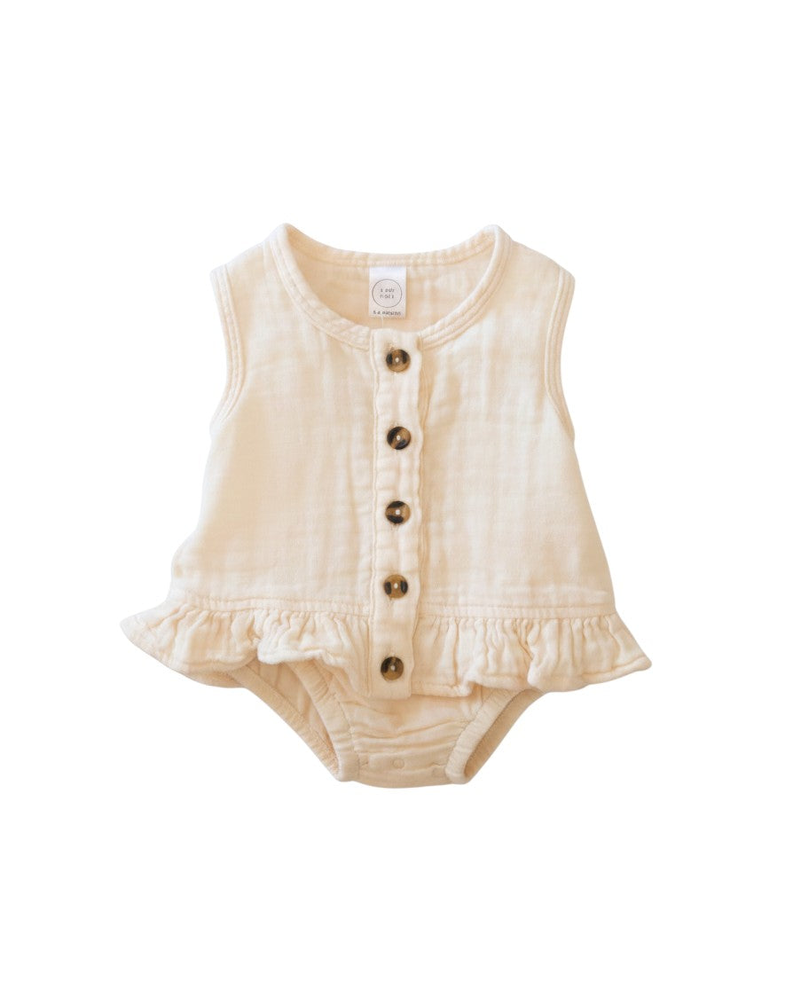 Mom & Me Boutique cream muslin cotton ruffle tank top with front button closure for infants