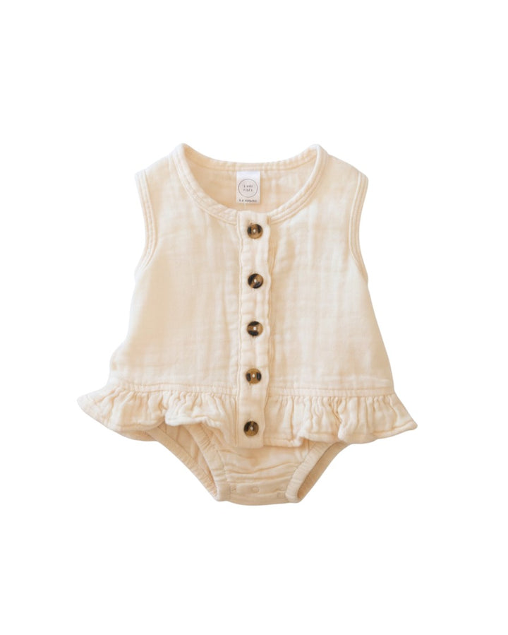 Mom & Me Boutique cream muslin cotton ruffle tank top with front button closure for infants