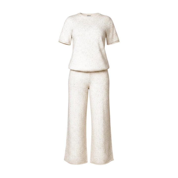 Mom & Me Boutique cream speckle cotton knit set with a short-sleeve top and wide-leg trousers featuring rolled edges.