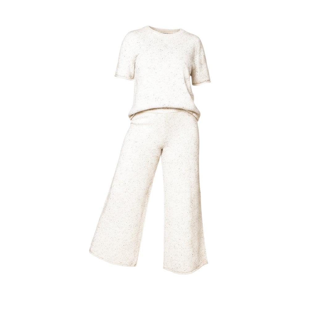 Mom & Me Boutique cream speckle knit set featuring a short-sleeve top and wide-leg pants with rolled-edge finishes.