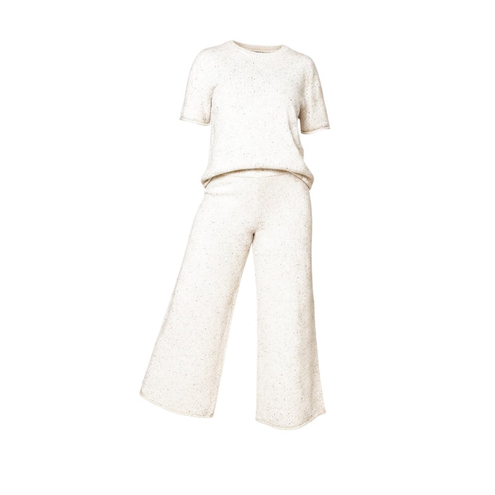 Mom & Me Boutique cream speckle knit set featuring a short-sleeve top and wide-leg pants with rolled-edge finishes.