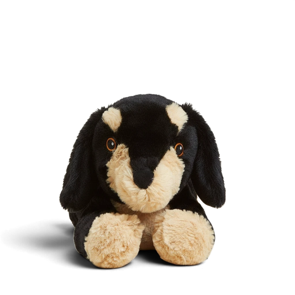 Mom & Me Boutique Dachshund Warmies plush toy with soft black and tan fur, perfect for soothing warmth and comfort.