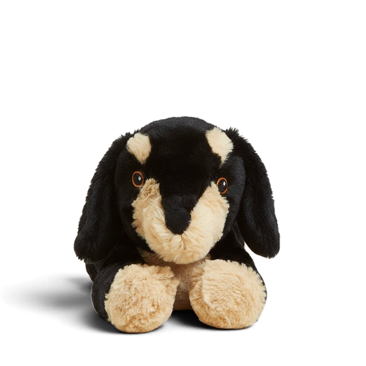 Mom & Me Boutique Dachshund Warmies plush toy with soft black and tan fur, perfect for soothing warmth and comfort.