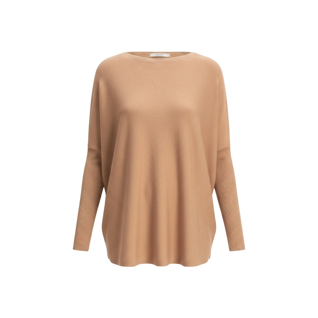 Mom & Me Boutique dark taupe boat neck poncho-style top in a relaxed cotton-blend knit with long fitted sleeves.