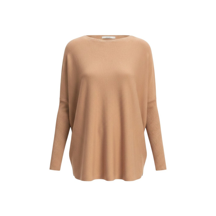 Mom & Me Boutique dark taupe boat neck poncho-style top in a relaxed cotton-blend knit with long fitted sleeves.